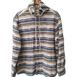 ROWM Men's Hooded Button Down Shirt XL Blue Brown Beige Striped 100% Cotton Baja